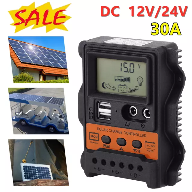 30A LCD Solar Charge Controller Panel DC 12V 24V Dual USB Battery Regulator UK