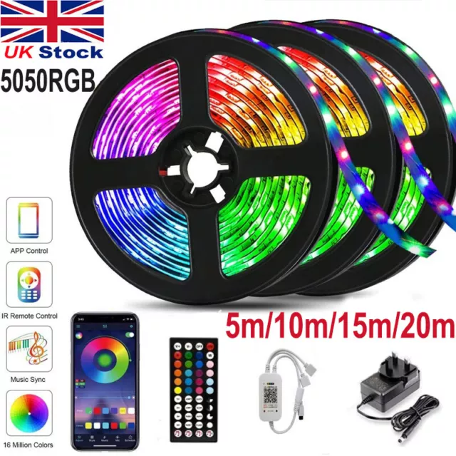 LED Strip Lights 1-20M RGB Colour Changing 5050 Tape Kitchen Cabinet Room Decors