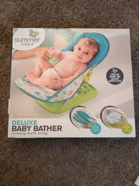 NEW Summer Infant Deluxe Baby Bather Folding Bath Sling Green Ocean Critters