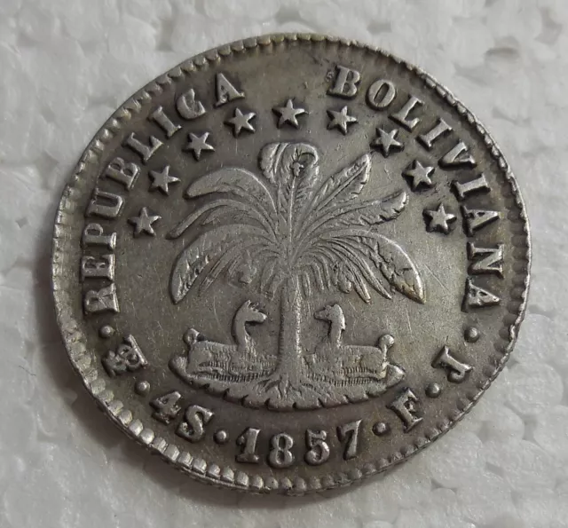 1857 PTS FJ BOLIVIA 4 SOLES SILVER COIN =aXF=