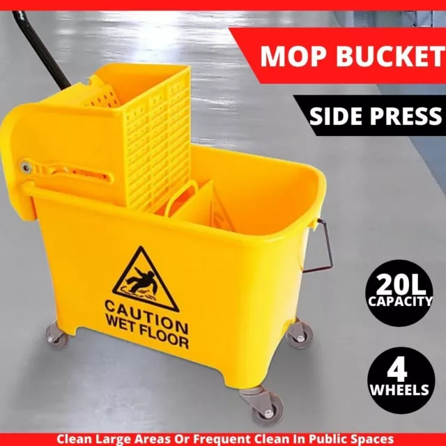 20L Mop Bucket Wringer Side Press Wet Dry Rinse Wheel Commercial Cleaner Plastic
