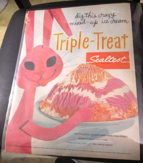 Vintage 1955 print ad Sealtest ice cream triple treat Easter Bunny  10.25 x 14"