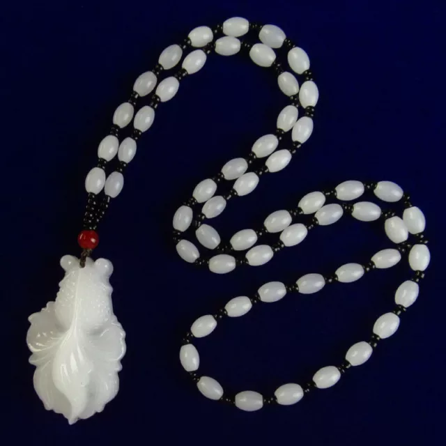Carved Man-made White Jade Goldfish & Drum Necklace 19 inch 52x32x13mm A-6JY