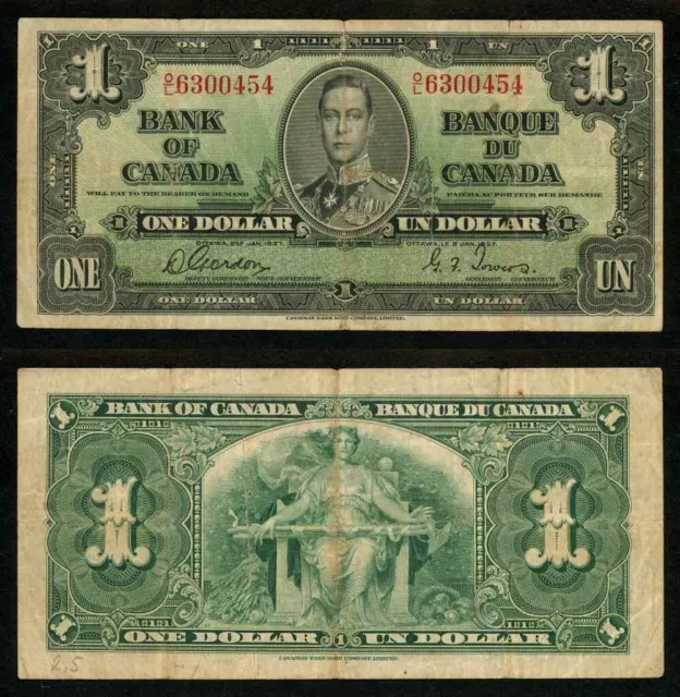1937 Currency Bank of Canada One Dollar Banknote King George VI Pick 58d Fine