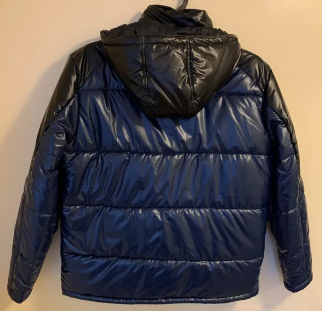 $279 Mens True Religion Shiny Blue /Black Hooded Puffer Jacket,Size 2XL
