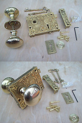 Fancy Ornate Decorative Old Victorian Style Solid Brass Door Rim Lock Knob Set
