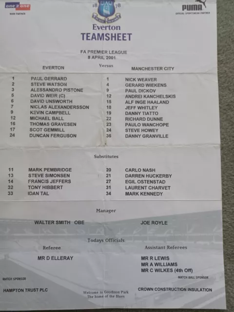 Everton V Manchester City 8/4/2001 Team Sheet