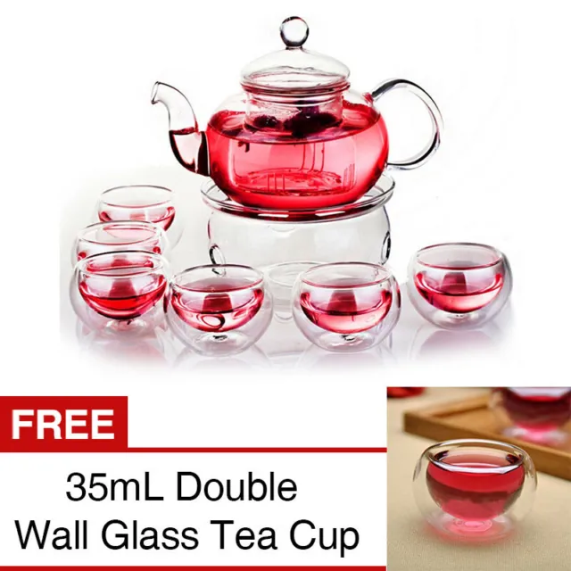 8 Pieces Glass Tea Set 600ml Glass Teapot With Infuser + Teapot Warmer + 6 Cups