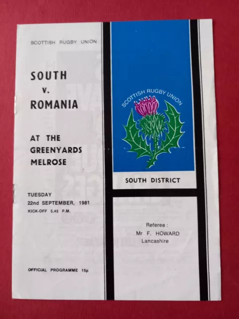 South of Scotland v Romania - Rugby Union programme from 1981