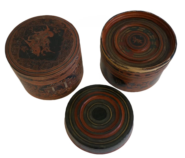 2 Burmese Asian Lacquer Hand Painted 3 Piece Betel Nut Boxes Antique 2