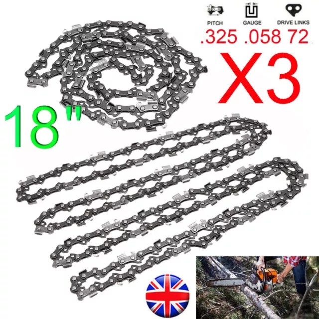 3PCS Chainsaw Chain 18 inch .325 .058 72DL For Husqvarna PARTNER  18" Bar Saw UK