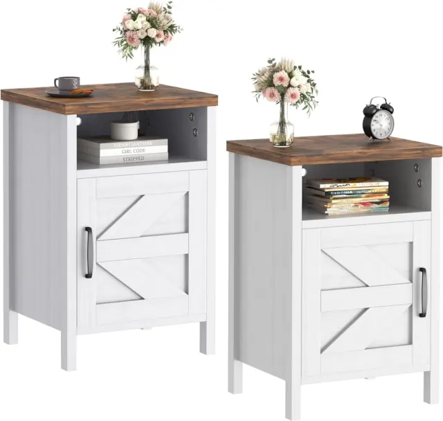 Farmhouse Nightstand, Modern Bedside Table Set of 2 with Barn Door and Shelf, Ru