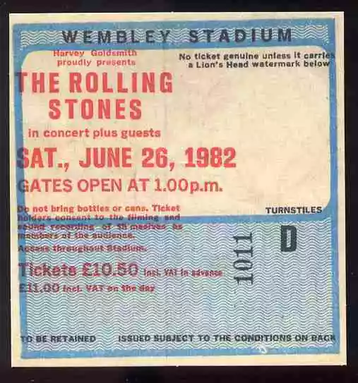 Rolling Stones Repro 1982 Wembley Stadium 26 June Concert Ticket