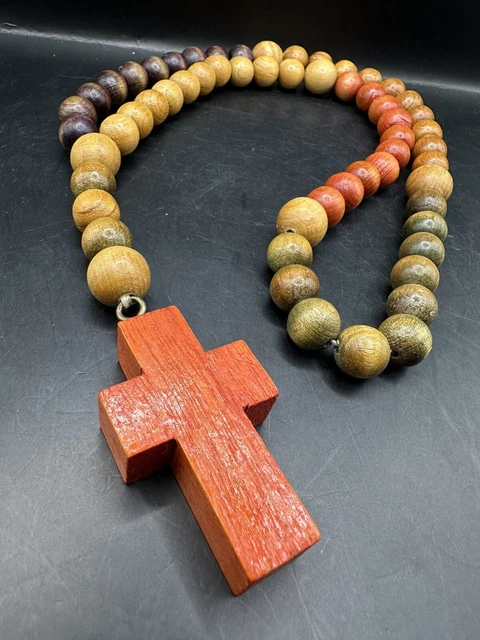VTG COLORED WOOD Bead Beaded LARGE Rosary, Wall Hanging Display~19”L