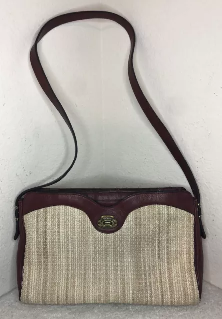 Vintage Etienne Aigner Woven Straw and Maroon Leather Handbag Shoulder Bag Purse