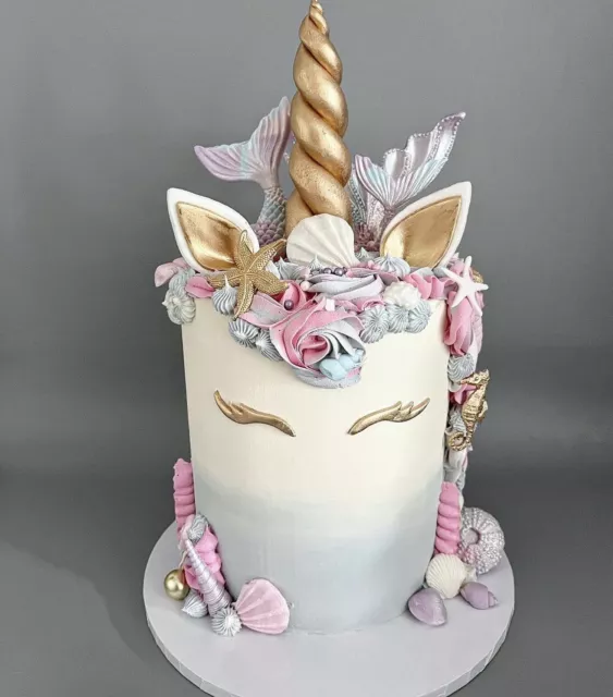 Edible Sugar Unicorn Horn, Ears & Gold Lashes Mermaid Cake Topper Mermicorn Tail