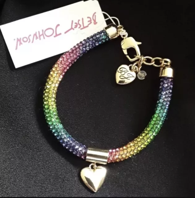 Betsey Johnson Swarovski Crystal Multicolored Bracelet With Dangling Heart Charm