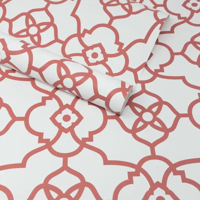 Fine Decor - Off-White & Coral Red Geometric Atrium Trellis Wallpaper - FD22719