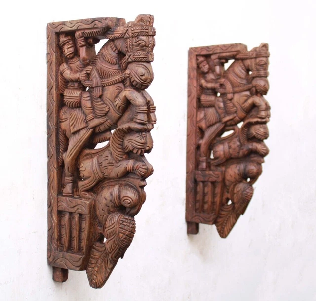 Vintage Home Decor Wooden Wall Bracket Corbel Jumping Horse Statue Yali Antique