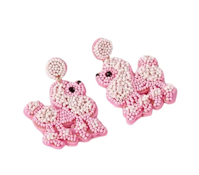 NEW Women's Beaded Pink Poodle Dog Dangle Earrings Gift Cute Dog Lovers Puppies