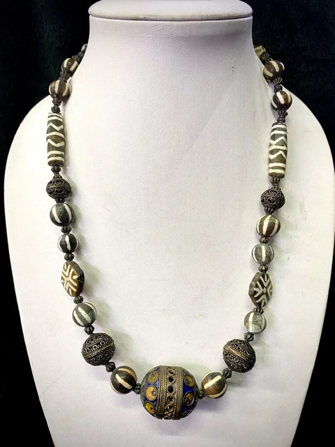 Beautiful Old Silver Enamel Beads With Lucky Buddhist Ancient Beads Necklace