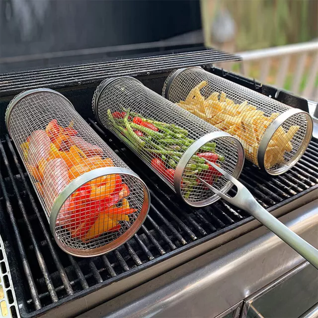 Rolling Grilling Basket BBQ Net Tube Round Stainless Steel Grill Mesh Cylinder