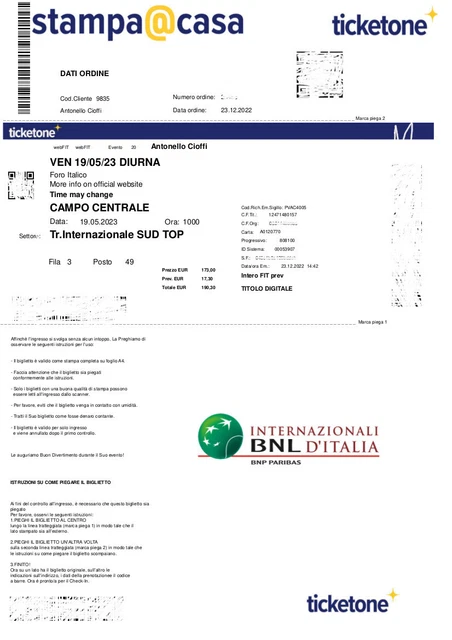 BIGLIETTO BNL INTERNAZIONALI DI ROMA 2023 giorno 19/05 sessione diurna