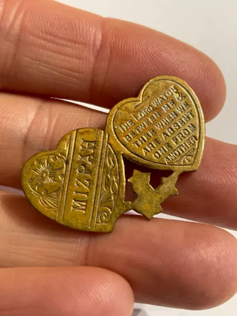 Antique / vintage brass double sweet love heart Mizpah brooch good condition
