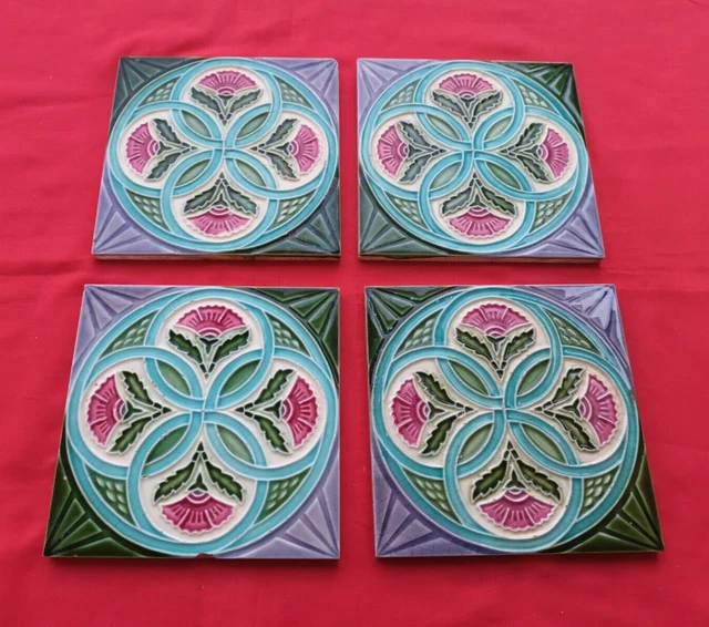4 Piece Old Art Floral Embossed Design Majolica Ceramic Tiles Japan 0259 3