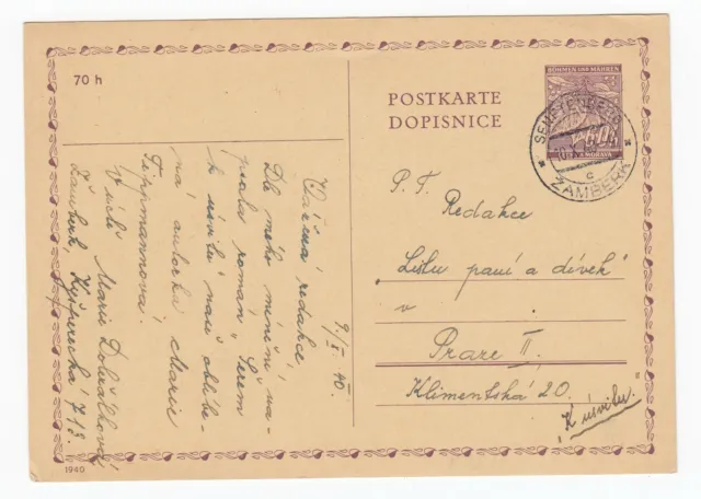 Böhmen und & Mähren Postkarte Ganzsache von Žamberk Senftenberg nach Prag 1940