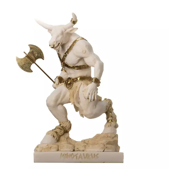 Hand Crafted Minotaur Statue Greek Mythology With Labrys Gold Alabaster 8''Inch