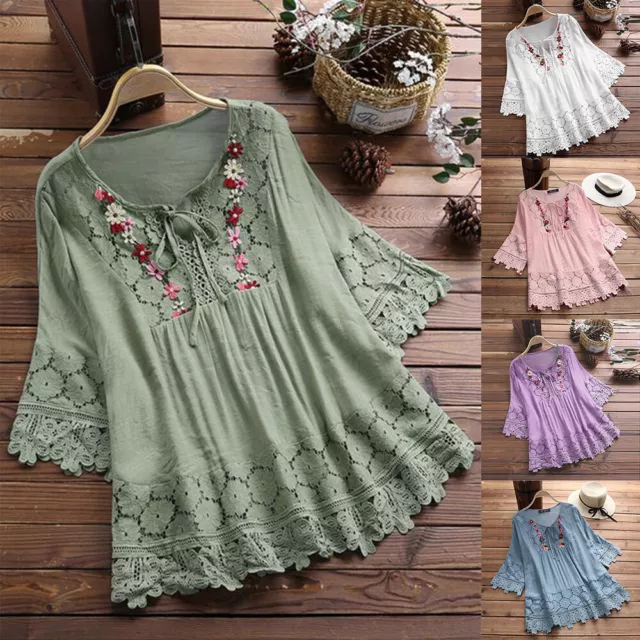 Women Lace Half Sleeve Shirts Tops Ladies V Neck Casual Floral Print Blouse Tee
