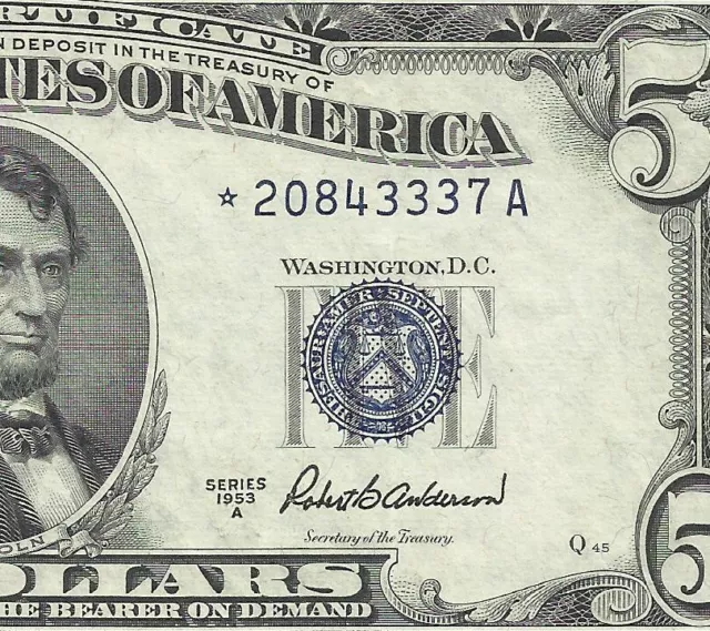 1953A $5 BLUE Seal **STAR** SILVER Certificate! CRISP XF! Old US Paper Money!