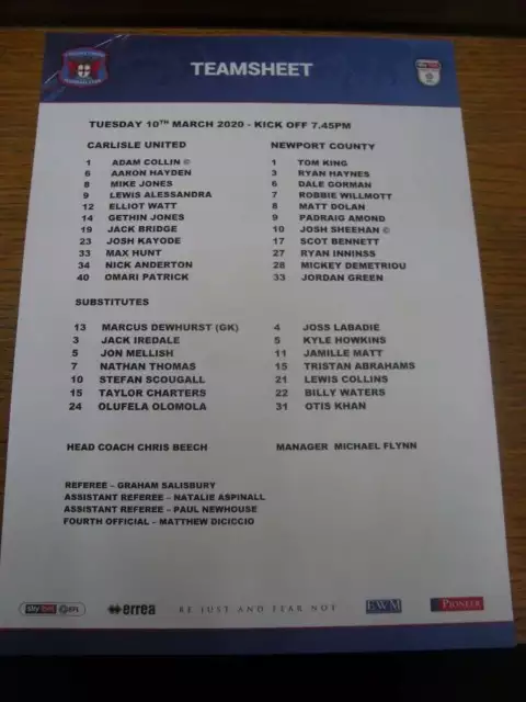 10/03/2020 Colour Teamsheet: Carlisle United v Newport County