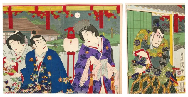 WB Kunichika Japanese Woodblock Prints Kabuki Wearing female clothing Triptych
