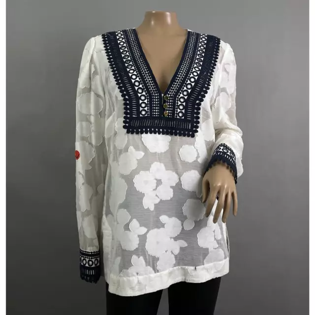 Tory Burch Top Women 10 L FLAW White Embroidered Tunic Cotton Silk Coastal