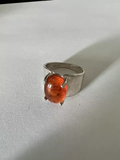Sterling Silver Ring Large Cabachon Amber 925 Baltic Honey Signed UTC  Wide Band
