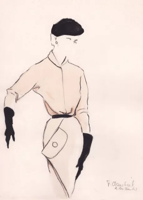 Fashion Design Mode Woman Frau coat hat Mantel Hut Zeichnung drawing F. C 273565