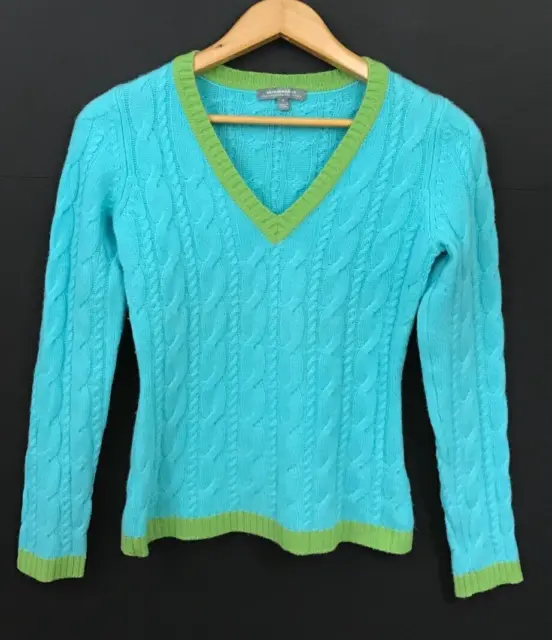 Neiman Marcus Women's Blue Cashmere Cable Knit V-Neck Pullover Sweater Size S