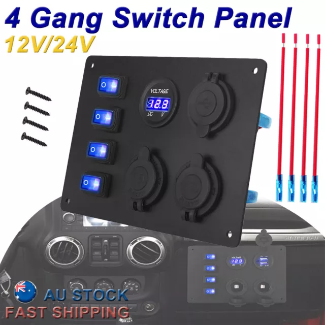 4 Gang 12V Switch Panel Rocker USB ON-OFF Toggle Marine Boat Truck Waterproof AU