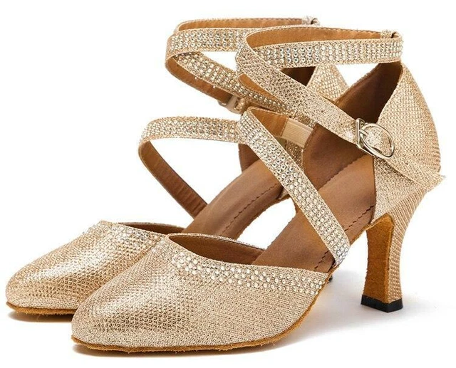 Scarpe da ballo oro a punta chiusa sandali beige in tessuto donna salsa liscio