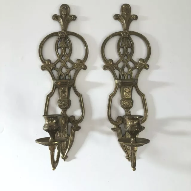 Vintage Pair of Brass Fleur de Lis Wall Sconces Candle Holders 15"