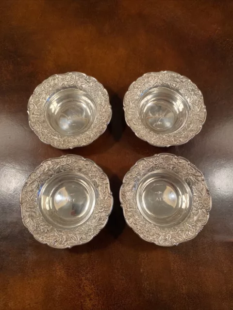 Four (4) Kirk Sterling Silver Repousse Nut Trays w/Monogram "ALT"