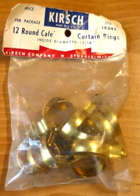 (12) Vintage Brass Kirsch 7/8" Clip-On Round Cafe Rings Curtain Drapery - NOS