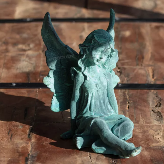 Aqua Blue Sitting Fairy with Wings Cast Iron Garden Ornament Sculpture Decor Art