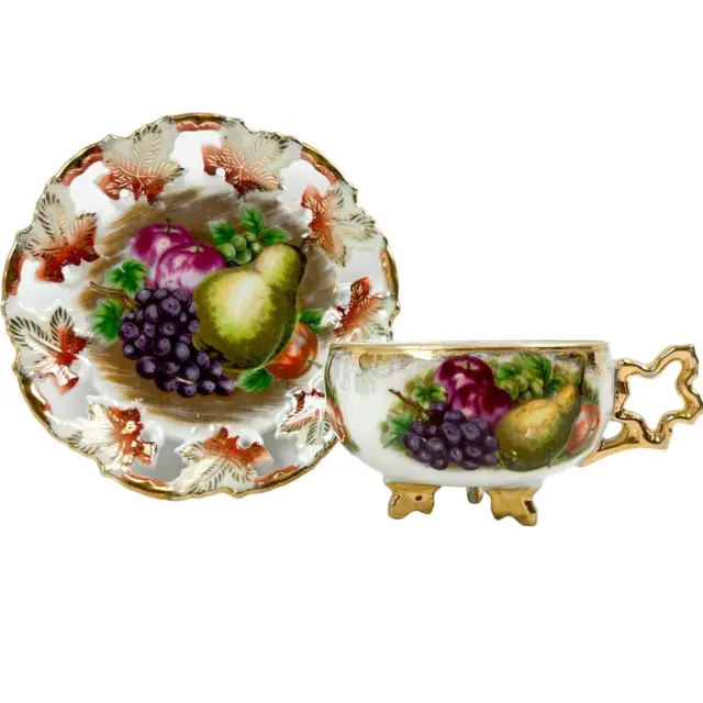 VTG Royal Sealy China 3 Footed Tea Cup & Saucer Set Fruits Made in Japan