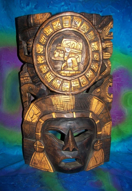 Carved Wood Mask Aztec Mexican Mayan Calendar Wall Art Décor