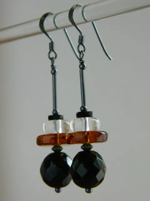 Vintage 50s French Jet, Brown, Clear & Black Glass, Oxidised 925 Silver Earrings
