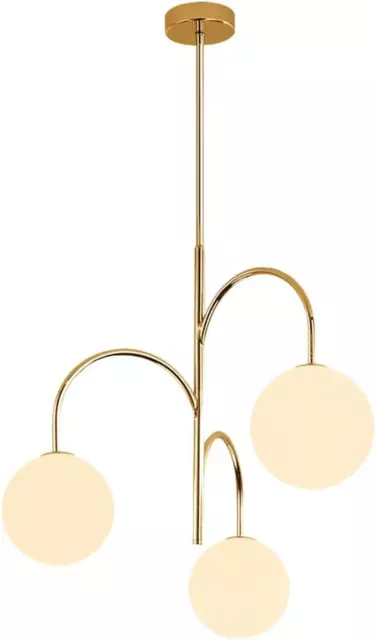 Mid Century Modern 3-Light Milk Glass Globe Chandelier Brass Gold Pendant Light