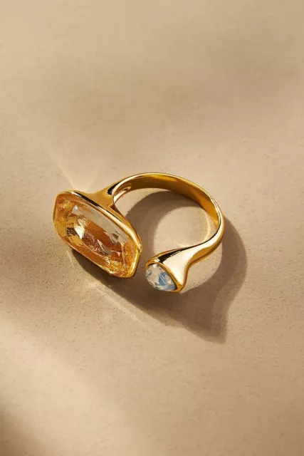 Nwt Anthropologie Cocktail Ring Cubic Zirconia And Glass, Gold Plated Brass  Os 2